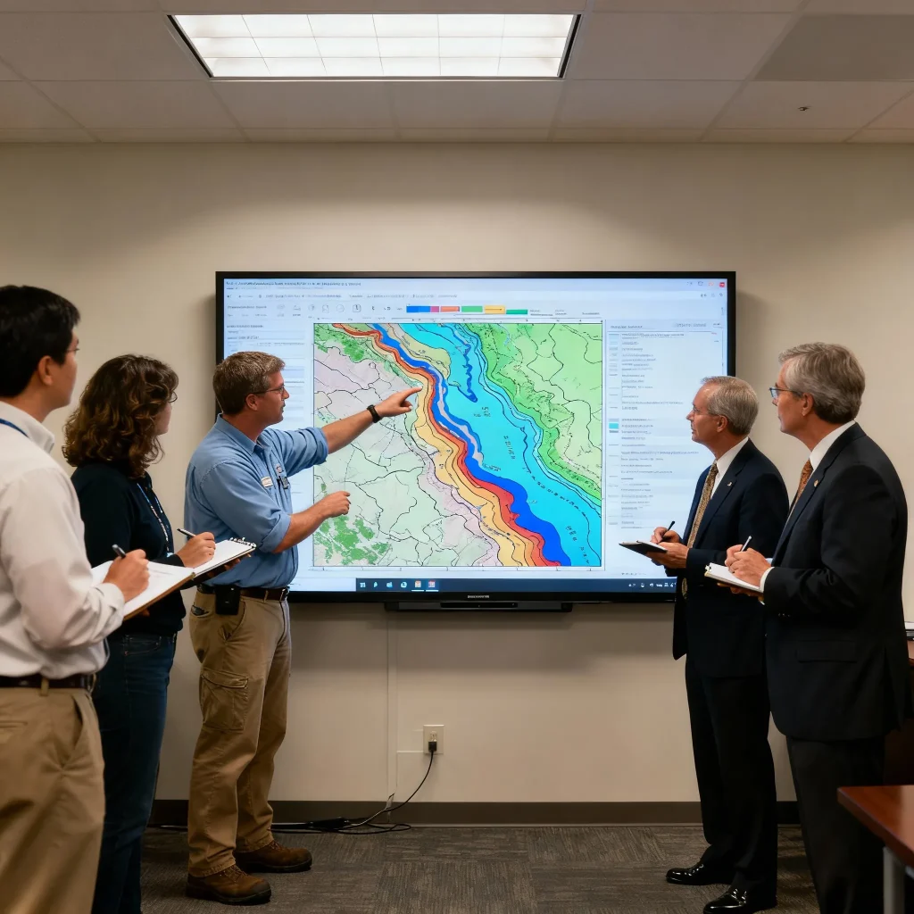 Groundwater Relief specialists in a professional meeting with government officials, analyzing a large aquifer data map on a digital screen