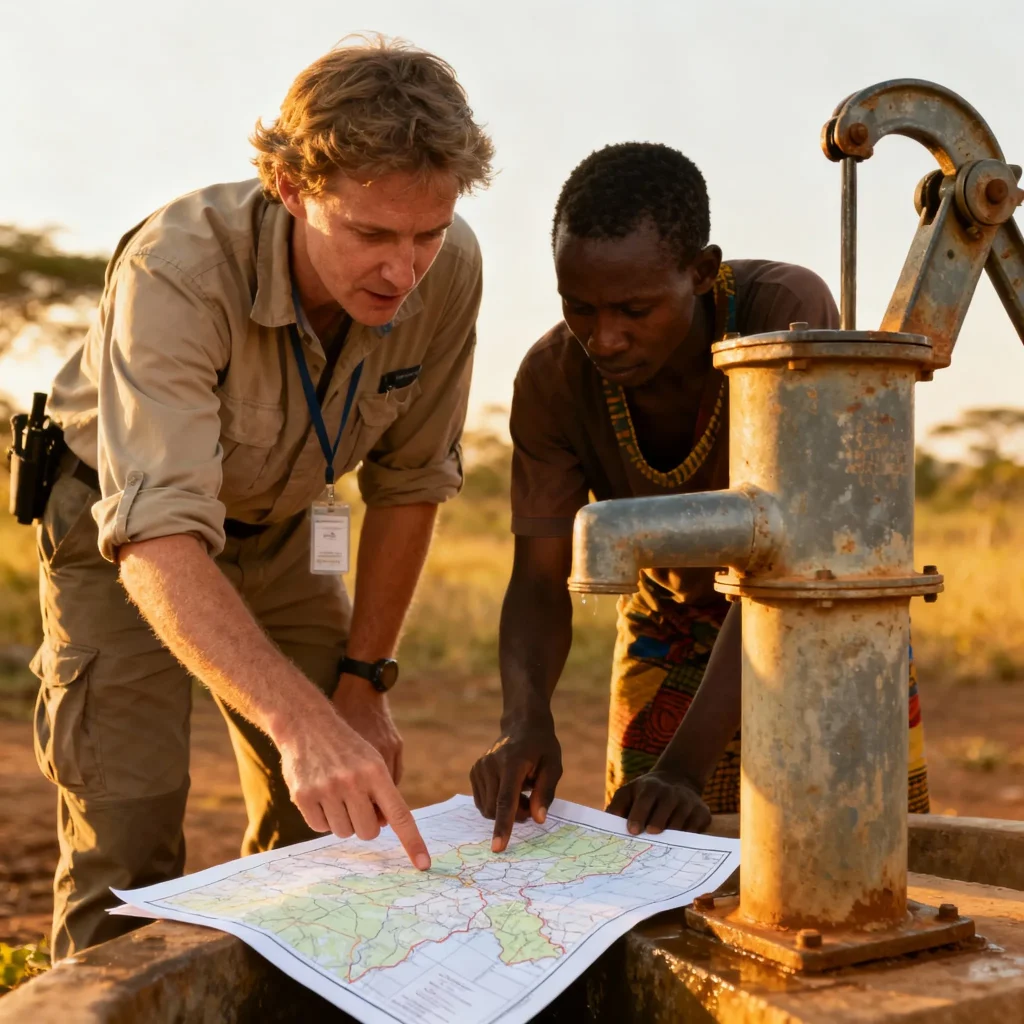 A Groundwater Relief expert collaborates with a local community member in Africa, pointing to a water access map beside a well